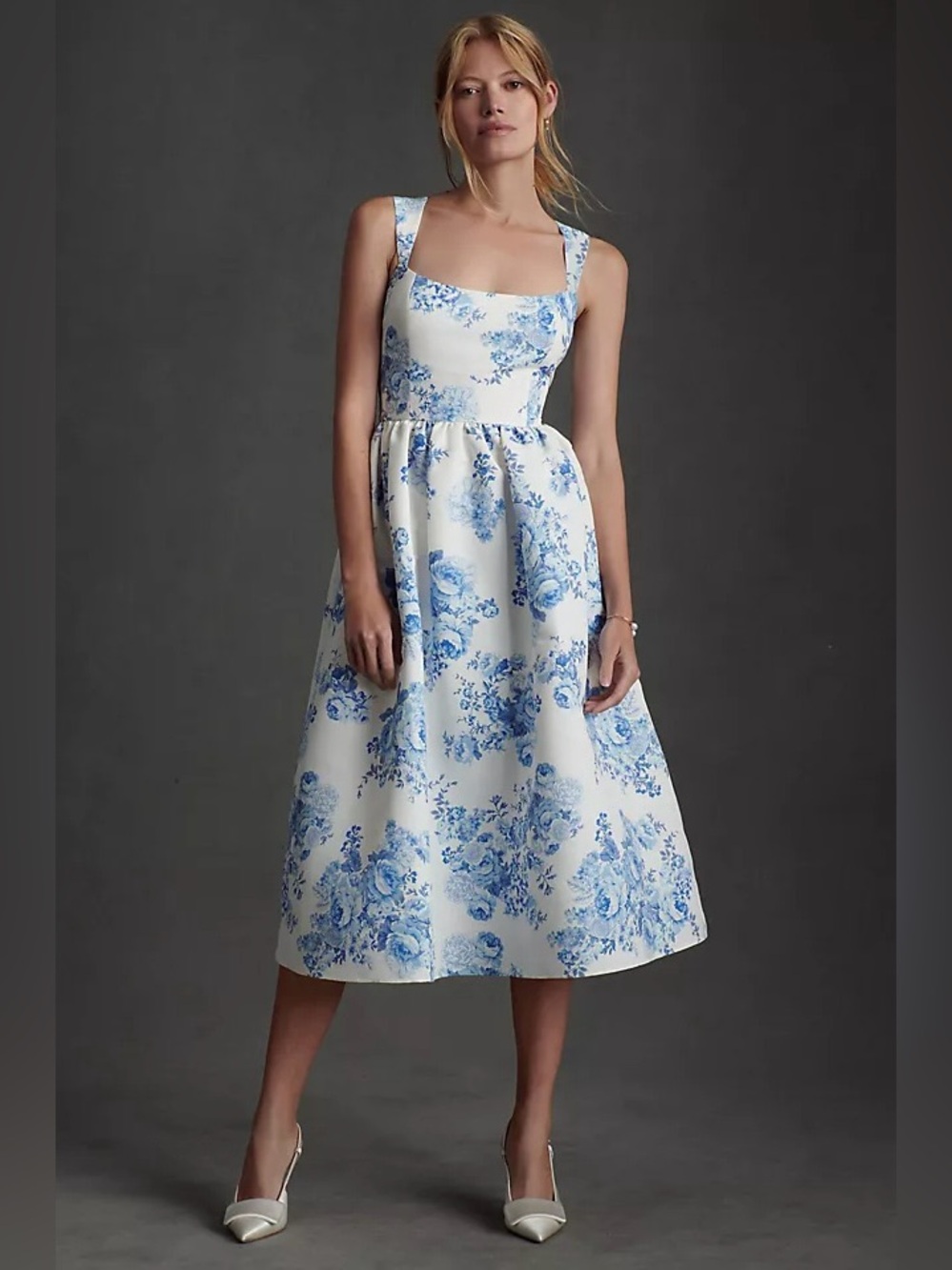 NWT Sachin + Babi White Midi Dress with Blue‎ Floral Print